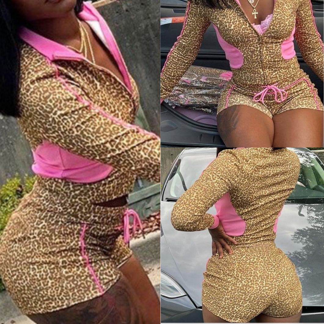Pink cheetah short set